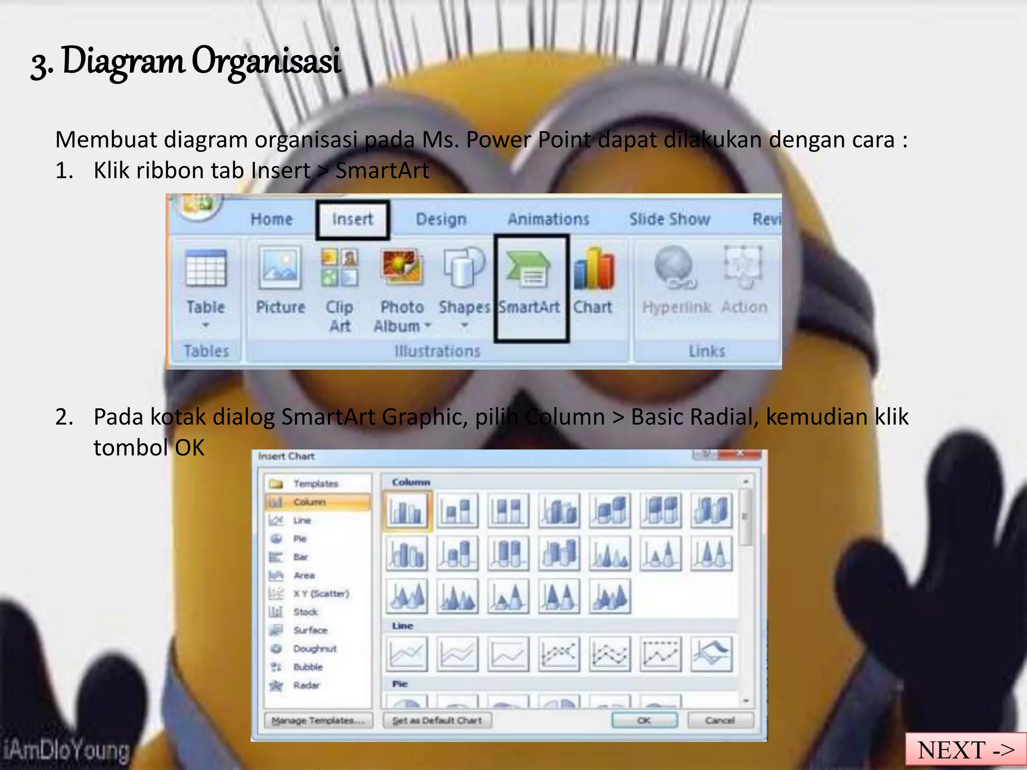 3. Diagram Organisasi 
Membuat diagram organisasi pada Ms. Power Point dapat dilakukan dengan cara : 
1. Klik ribbon tab Insert > SmartArt 
2. Pada kotak dialog SmartArt Graphic, pilih Column > Basic Radial, kemudian klik 
tombol OK 
NEXT -> 
 