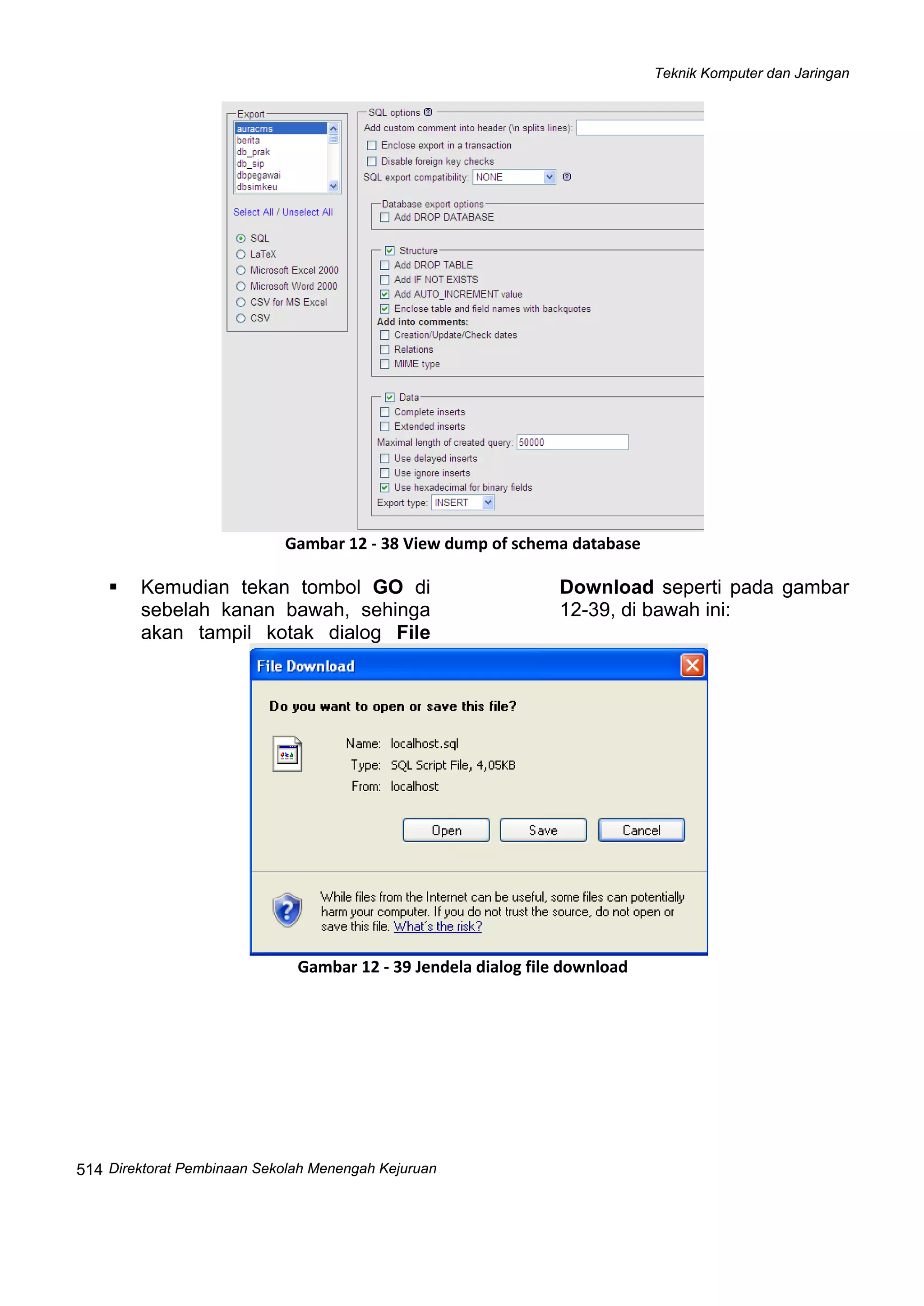 Teknik Komputer dan Jaringan
Direktorat Pembinaan Sekolah Menengah Kejuruan
 
514
 
Gambar 12 ‐ 38 View dump of schema database
Kemudian tekan tombol GO di
sebelah kanan bawah, sehinga
akan tampil kotak dialog File
Download seperti pada gambar
12-39, di bawah ini:
 
Gambar 12 ‐ 39 Jendela dialog file download
   
 
 