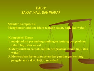 BAB 11
         ZAKAT, HAJI, DAN WAKAF


Standar Kompetensi
Menghindari hukum Islam tentang zakat, haji, dan wakaf


Kompetensi Dasar
1. menjelaskan perundang-undangan tentang pengelolaan
   zakat, haji, dan wakaf
2. Menyebutkan contoh-contoh pengelolaan zakat, haji, dan
   wakaf
3. Menerapkan ketentuan perundang-undangan tentang
   pengelolaan zakat, haji, dan wakaf
 