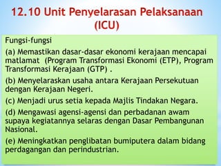 Fungsi-fungsi
(a) Memastikan dasar-dasar ekonomi kerajaan mencapai
matlamat (Program Transformasi Ekonomi (ETP), Program
Transformasi Kerajaan (GTP) .
(b) Menyelaraskan usaha antara Kerajaan Persekutuan
dengan Kerajaan Negeri.
(c) Menjadi urus setia kepada Majlis Tindakan Negara.
(d) Mengawasi agensi-agensi dan perbadanan awam
supaya kegiatannya selaras dengan Dasar Pembangunan
Nasional.
(e) Meningkatkan penglibatan bumiputera dalam bidang
perdagangan dan perindustrian.
 