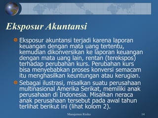 Manajemen Risiko 14
Eksposur Akuntansi
Eksposur akuntansi terjadi karena laporan
keuangan dengan mata uang tertentu,
kemudian dikonversikan ke laporan keuangan
dengan mata uang lain, rentan (terekspos)
terhadap perubahan kurs. Perubahan kurs
bisa menyebabkan proses konversi semacam
itu menghasilkan keuntungan atau kerugian.
Sebagai ilustrasi, misalkan suatu perusahaan
multinasional Amerika Serikat, memiliki anak
perusahaan di Indonesia. Misalkan neraca
anak perusahaan tersebut pada awal tahun
terlihat berikut ini (lihat kolom 2).
 