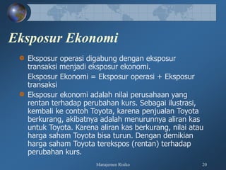Manajemen Risiko 20
Eksposur Ekonomi
Eksposur operasi digabung dengan eksposur
transaksi menjadi eksposur ekonomi.
Eksposur Ekonomi = Eksposur operasi + Eksposur
transaksi
Eksposur ekonomi adalah nilai perusahaan yang
rentan terhadap perubahan kurs. Sebagai ilustrasi,
kembali ke contoh Toyota, karena penjualan Toyota
berkurang, akibatnya adalah menurunnya aliran kas
untuk Toyota. Karena aliran kas berkurang, nilai atau
harga saham Toyota bisa turun. Dengan demikian
harga saham Toyota terekspos (rentan) terhadap
perubahan kurs.
 