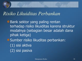 Manajemen Risiko 30
Risiko Likuiditas Perbankan
Bank sektor yang paling rentan
terhadap risiko likuiditas karena struktur
modalnya (sebagian besar adalah dana
pihak ketiga)
Sumber risiko likuditas perbankan:
(1) sisi aktiva
(2) sisi pasiva
 