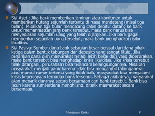 Manajemen Risiko 31
Sisi Aset : Jika bank memberikan jaminan atau komitmen untuk
memberikan hutang sejumlah tertentu di masa mendatang (misal tiga
bulan). Misalkan tiga bulan mendatang calon debitur datang ke bank
untuk memanfaatkan janji bank tersebut, maka bank harus bisa
menyediakan sejumlah uang yang telah dijanjikan. Jika bank gagal
memberikan sejumlah uang tersebut, maka bank menghadapi risiko
likuditas.
Sisi Pasiva: Sumber dana bank sebagian besar berasal dari dana pihak
ketiga dalam bentuk tabungan dan deposito yang sangat likuid. Jika
penarikan dana oleh masyarakat terjadi lebih besar dari yang diperkirakan,
maka bank tersebut bisa menghadapi krisis likuiditas. Jika krisis tersebut
tidak ditangani, perusahaan bisa terancam kelangsungannya. Misalkan
masyarakat menjadi panic karena tidak bisa mengambil tabungannya,
atau muncul rumor tertentu yang tidak baik, masyarakat bisa mengalami
krisis kepercayaan terhadap bank tersebut. Sebagai akibatnya, masyarakat
akan menarik dananya secara bersamaan dari bank tersebut. Bank bisa
jatuh karena sumberdana menghilang, ditarik masyarakat secara
bersamaan.
 