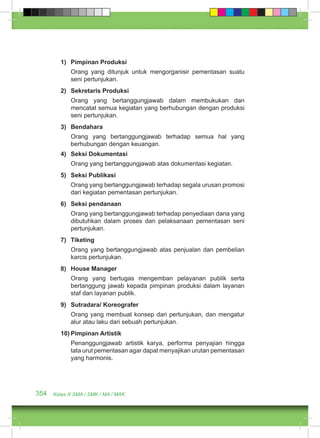 1) Pimpinan Produksi 
Orang yang ditunjuk untuk mengorganisir pementasan suatu 
seni pertunjukan. 
2) Sekretaris Produksi 
Orang yang bertanggungjawab dalam membukukan dan 
mencatat semua kegiatan yang berhubungan dengan produksi 
seni pertunjukan. 
3) Bendahara 
Orang yang bertanggungjawab terhadap semua hal yang 
berhubungan dengan keuangan. 
4) Seksi Dokumentasi 
Orang yang bertanggungjawab atas dokumentasi kegiatan. 
5) Seksi Publikasi 
Orang yang bertanggungjawab terhadap segala urusan promosi 
dari kegiatan pementasan pertunjukan. 
6) Seksi pendanaan 
Orang yang bertanggungjawab terhadap penyediaan dana yang 
dibutuhkan dalam proses dan pelaksanaan pementasan seni 
pertunjukan. 
7) Tiketing 
Orang yang bertanggungjawab atas penjualan dan pembelian 
karcis pertunjukan. 
8) House Manager 
Orang yang bertugas mengemban pelayanan publik serta 
bertanggung jawab kepada pimpinan produksi dalam layanan 
staf dan layanan publik. 
9) Sutradara/ Koreografer 
Orang yang membuat konsep dari pertunjukan, dan mengatur 
alur atau laku dari sebuah pertunjukan. 
10) Pimpinan Artistik 
Penanggungjawab artistik karya, performa penyajian hingga 
tata urut pementasan agar dapat menyajikan urutan pementasan 
yang harmonis. 
354 Kelas X SMA / SMK / MA / MAK 
 