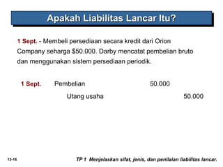 13-16
1 Sept. - Membeli persediaan secara kredit dari Orion
Company seharga $50.000. Darby mencatat pembelian bruto
dan menggunakan sistem persediaan periodik.
Apakah Liabilitas Lancar Itu?
TP 1 Menjelaskan sifat, jenis, dan penilaian liabilitas lancar.
1 Sept. Pembelian 50.000
Utang usaha 50.000
 