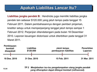 13-24
TP 2 Menjelaskan isu-isu pengelompokan utang jangka pendek
yang diharapkan dapat dibiayai kembali (refinanced).
Apakah Liabilitas Lancar Itu?
Liabilitas jangka pendek B: Hendricks juga memiliki liabilitas jangka
pendek lain sebesar $120.000 yang jatuh tempo pada tanggal 15
Februari 2011. Dalam pembahasannya dengan pemberi pinjaman,
kreditor setuju untuk memperpanjang tanggal jatuh tempo sampai 1
Februari 2012. Perjanjian ditandatangani pada bulan 18 Desember
2010. Laporan keuangan diotorisasi untuk diterbitkan pada tanggal 31
Maret 2011.
Pembiayaan
kembali
disepakati
18 Des. 2010
Penerbitan
Laporan
31 Mar. 2011
Jatuh tempo
pembayaran liabilitas
15 Feb. 2011
Liabilitas
$120.000
31 Des. 2010
 