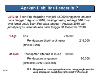 13-29
LS13-6: Sport Pro Magazine menjual 12.000 langganan tahunan
pada tanggal 1 Agustus 2010, masing-masing seharga $18. Buat
ayat jurnal untuk Sport Pro pada tanggal 1 Agustus 2010 dan
jurnal penyesuaian tahunan pada tanggal 31 Desember 2010.
Apakah Liabilitas Lancar Itu?
TP 2 Menjelaskan isu-isu pengelompokan utang jangka pendek
yang diharapkan dapat dibiayai kembali (refinanced).
1 Agt. Kas 216.000
Pendapatan diterima di muka 216.000
(12.000 x $18)
31 Des. Pendapatan diterima di muka 90.000
Pendapatan langganan 90.000
($216.000 x 5/12 = $90.000)
 