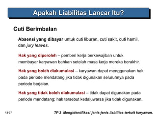 13-37
Cuti Berimbalan
Apakah Liabilitas Lancar Itu?
TP 3 Mengidentifikasi jenis-jenis liabilitas terkait karyawan.
Absensi yang dibayar untuk cuti liburan, cuti sakit, cuti hamil,
dan jury leaves.
Hak yang diperoleh – pemberi kerja berkewajiban untuk
membayar karyawan bahkan setelah masa kerja mereka berakhir.
Hak yang boleh diakumulasi – karyawan dapat menggunakan hak
pada periode mendatang jika tidak digunakan seluruhnya pada
periode berjalan.
Hak yang tidak boleh diakumulasi – tidak dapat digunakan pada
periode mendatang; hak tersebut kedaluwarsa jika tidak digunakan.
 