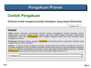13-42
Estimasi andal mengenai jumlah kewajiban yang dapat ditentukan.
Pengakuan Provisi
TP 4
Contoh Pengakuan
Ilustrasi 13-4
 
