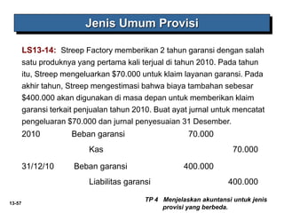 13-57
Jenis Umum Provisi
LS13-14: Streep Factory memberikan 2 tahun garansi dengan salah
satu produknya yang pertama kali terjual di tahun 2010. Pada tahun
itu, Streep mengeluarkan $70.000 untuk klaim layanan garansi. Pada
akhir tahun, Streep mengestimasi bahwa biaya tambahan sebesar
$400.000 akan digunakan di masa depan untuk memberikan klaim
garansi terkait penjualan tahun 2010. Buat ayat jurnal untuk mencatat
pengeluaran $70.000 dan jurnal penyesuaian 31 Desember.
2010 Beban garansi 70.000
Kas 70.000
31/12/10 Beban garansi 400.000
Liabilitas garansi 400.000
TP 4 Menjelaskan akuntansi untuk jenis
provisi yang berbeda.
 