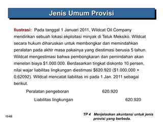 13-65
Jenis Umum Provisi
Ilustrasi: Pada tanggal 1 Januari 2011, Wildcat Oil Company
mendirikan sebuah lokasi ekploitasi minyak di Teluk Meksiko. Wildcat
secara hukum diharuskan untuk membongkar dan memindahkan
peralatan pada akhir masa pakainya yang diestimasi berusia 5 tahun.
Wildcat mengestimasi bahwa pembongkaran dan pemindahan akan
menelan biaya $1.000.000. Berdasarkan tingkat diskonto 10 persen,
nilai wajar liabilitas lingkungan diestimasi $620.920 ($1.000.000 ×
0,62092). Wildcat mencatat liabilitas ini pada 1 Jan. 2011 sebagai
berikut.
Peralatan pengeboran 620.920
Liabilitas lingkungan 620.920
TP 4 Menjelaskan akuntansi untuk jenis
provisi yang berbeda.
 