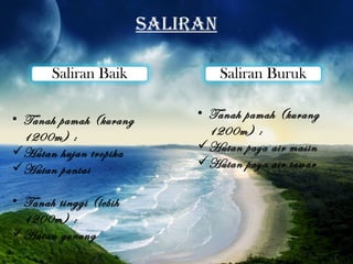 Saliran

       Saliran Baik               Saliran Buruk

• Tanah pamah (kurang        • Tanah pamah (kurang
  1200m) :                     1200m) :
Hutan hujan tropika         Hutan paya air masin
Hutan pantai                Hutan paya air tawar

• Tanah tinggi (lebih
  1200m) :
Hutan gunung
 