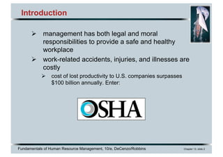 Fundamentals of Human Resource Management, 10/e, DeCenzo/Robbins Chapter 13, slide 2
Introduction
Ø management has both legal and moral
responsibilities to provide a safe and healthy
workplace
Ø work-related accidents, injuries, and illnesses are
costly
Ø cost of lost productivity to U.S. companies surpasses
$100 billion annually. Enter:
 