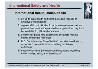 Fundamentals of Human Resource Management, 10/e, DeCenzo/Robbins Chapter 13, slide 23
International Safety and Health
1. an up-to-date health certificate providing records of
employee vaccinations
2. a general first aid kit should include over-the-counter and
prescription medications and other supplies that might not
be available to U.S. workers abroad
3. emergency plans help expatriates anticipate medical
needs and locate resources
4. U.S. Department of State “hotline” provides travel alerts
about such issues as terrorist activity or disease
outbreaks
5. security concerns prompt recommendations regarding
travel modes, attire, and “blending in”
International Health Issues/Needs
 