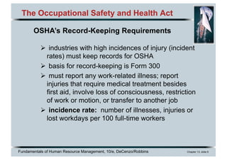 Fundamentals of Human Resource Management, 10/e, DeCenzo/Robbins Chapter 13, slide 6
The Occupational Safety and Health Act
Ø industries with high incidences of injury (incident
rates) must keep records for OSHA
Ø basis for record-keeping is Form 300
Ø must report any work-related illness; report
injuries that require medical treatment besides
first aid, involve loss of consciousness, restriction
of work or motion, or transfer to another job
Ø incidence rate: number of illnesses, injuries or
lost workdays per 100 full-time workers
OSHA’s Record-Keeping Requirements
 