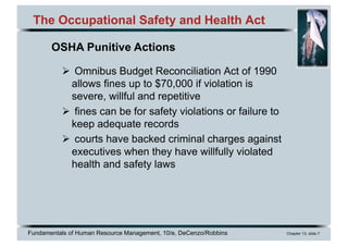 Fundamentals of Human Resource Management, 10/e, DeCenzo/Robbins Chapter 13, slide 7
The Occupational Safety and Health Act
Ø Omnibus Budget Reconciliation Act of 1990
allows fines up to $70,000 if violation is
severe, willful and repetitive
Ø fines can be for safety violations or failure to
keep adequate records
Ø courts have backed criminal charges against
executives when they have willfully violated
health and safety laws
OSHA Punitive Actions
 