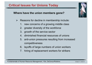 Fundamentals of Human Resource Management, 10/e, DeCenzo/Robbins Chapter 14, slide 25
Critical Issues for Unions Today
Where have the union members gone?
Ø Reasons for decline in membership include:
1. new concerns of a growing middle class
2. greater diversity of the workforce
3. growth of the service sector
4. diminished financial resources of unions
5. anti-union pressures resulting from increased
competitiveness
6. layoffs of large numbers of union workers
7. hiring of replacement workers for strikers
 