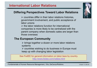 Fundamentals of Human Resource Management, 10/e, DeCenzo/Robbins Chapter 14, slide 28
International Labor Relations
See FedEE for general information on labor laws by country.
http://www.fedee.com/natlaw.html
Differing Perspectives Toward Labor Relations
Ø countries differ in their labor relations histories,
government involvement, and public acceptance of
labor unions
Ø the labor relations function for international
companies is more likely to be centralized with the
parent company when domestic sales are larger than
those overseas
The European Community
Ø brings together a dozen or more labor relations
systems
Ø countries wishing to do business in Europe must
keep up with changing labor legislation
 