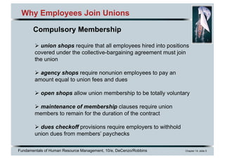 Fundamentals of Human Resource Management, 10/e, DeCenzo/Robbins Chapter 14, slide 5
Why Employees Join Unions
Ø union shops require that all employees hired into positions
covered under the collective-bargaining agreement must join
the union
Ø agency shops require nonunion employees to pay an
amount equal to union fees and dues
Ø open shops allow union membership to be totally voluntary
Ø maintenance of membership clauses require union
members to remain for the duration of the contract
Ø dues checkoff provisions require employers to withhold
union dues from members’ paychecks
Compulsory Membership
 
