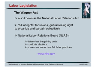 Fundamentals of Human Resource Management, 10/e, DeCenzo/Robbins Chapter 14, slide 6
Labor Legislation
www.nlrb.gov
The Wagner Act
Ø “bill of rights” for unions, guaranteeing right
to organize and bargain collectively
Ø National Labor Relations Board (NLRB):
Ø also known as the National Labor Relations Act
Ø determines bargaining units
Ø conducts elections
Ø prevents or corrects unfair labor practices
 