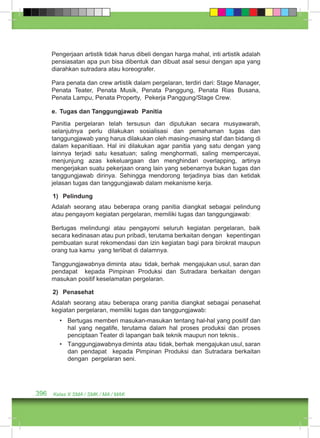 Pengerjaan artistik tidak harus dibeli dengan harga mahal, inti artistik adalah 
pensiasatan apa pun bisa dibentuk dan dibuat asal sesui dengan apa yang 
diarahkan sutradara atau koreografer. 
Para penata dan crew artistik dalam pergelaran, terdiri dari: Stage Manager, 
Penata Teater, Penata Musik, Penata Panggung, Penata Rias Busana, 
Penata Lampu, Penata Property, Pekerja Panggung/Stage Crew. 
e. Tugas dan Tanggungjawab Panitia 
Panitia pergelaran telah tersusun dan diputukan secara musyawarah, 
selanjutnya perlu dilakukan sosialisasi dan pemahaman tugas dan 
tanggungjawab yang harus dilakukan oleh masing-masing staf dan bidang di 
dalam kepanitiaan. Hal ini dilakukan agar panitia yang satu dengan yang 
lainnya terjadi satu kesatuan; saling menghormati, saling mempercayai, 
menjunjung azas kekeluargaan dan menghindari overlapping, artinya 
mengerjakan suatu pekerjaan orang lain yang sebenarnya bukan tugas dan 
tanggungjawab dirinya. Sehingga mendorong terjadinya bias dan ketidak 
jelasan tugas dan tanggungjawab dalam mekanisme kerja. 
1) Pelindung 
Adalah seorang atau beberapa orang panitia diangkat sebagai pelindung 
atau pengayom kegiatan pergelaran, memiliki tugas dan tanggungjawab: 
Bertugas melindungi atau pengayomi seluruh kegiatan pergelaran, baik 
secara kedinasan atau pun pribadi, terutama berkaitan dengan kepentingan 
pembuatan surat rekomendasi dan izin kegiatan bagi para birokrat maupun 
orang tua kamu yang terlibat di dalamnya. 
Tanggungjawabnya diminta atau tidak, berhak mengajukan usul, saran dan 
pendapat kepada Pimpinan Produksi dan Sutradara berkaitan dengan 
masukan positif keselamatan pergelaran. 
2) Penasehat 
Adalah seorang atau beberapa orang panitia diangkat sebagai penasehat 
kegiatan pergelaran, memiliki tugas dan tanggungjawab: 
• Bertugas memberi masukan-masukan tentang hal-hal yang positif dan 
hal yang negatife, terutama dalam hal proses produksi dan proses 
penciptaan Teater di lapangan baik teknik maupun non teknis.. 
• Tanggungjawabnya diminta atau tidak, berhak mengajukan usul, saran 
dan pendapat kepada Pimpinan Produksi dan Sutradara berkaitan 
dengan pergelaran seni. 
396 Kelas X SMA / SMK / MA / MAK 
 