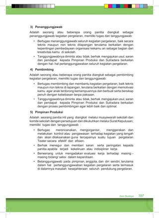 3) Penanggungjawab 
Adalah seorang atau beberapa orang panitia diangkat sebagai 
penanggungjawab kegiatan pergelaran, memiliki tugas dan tanggungjawab: 
• Bertugas menanggungjawabi seluruh kegiatan pergelaran, baik secara 
teknis maupun non teknis dilapangan terutama berkaitan dengan 
kepentingan pembedayaan organisasi kekamu an sebagai bagian dari 
kreativitas kamu di sekolah. 
• Tanggungjawabnya diminta atau tidak, berhak mengajukan usul, saran 
dan pendapat kepada Pimpinan Produksi dan Sutradara berkaitan 
dengan hal- hal pertanggungjawaban seluruh kegiatan pergelaran. 
4) Pembimbing 
Adalah seorang atau beberapa orang panitia diangkat sebagai pembimbing 
kegiatan pergelaran, memiliki tugas dan tanggungjawab: 
• Bertugas membimbing dan membantu kegiatan pergelaran, baik teknis 
maupun non teknis di lapangan, terutana berkaitan dengan memotivasi 
kamu agar anak terdorong kemampuannya dan berbuat serta bersikap 
penuh dengan kebebasan tanpa paksaan. 
• Tanggungjawabnya diminta atau tidak, berhak mengajukan usul, saran 
dan pendapat kepada Pimpinan Produksi dan Sutradara berkaitan 
dengan proses pembimbingan agar lebih baik dan optimal. 
5) Pimpinan Produksi 
Adalah seorang panitia inti yang diangkat melalui musyawarah sekolah dan 
komite sekolah dengan persetujuan dan dikukuhkan melalui Surat Keputusan; 
memiliki tugas dan tanggungjawab : 
• Bertugas merencanakan, mengorganisir, menggerakan dan 
melakukan kontrol atau pengawasan terhadap kegiatan yang tengah 
dan akan dilaksanakan guna tercapainya suatu tujuan pergelaran 
Teater secara efektif dan efisien. 
• Berhak menegur dan memberi saran serta peringatan kepada 
panitia apabila terjadi kekeliruan atau indisipliner kerja. 
• Berwenang untuk mengadakan evaluasi kerja terhadap masing - 
masing bidang/ seksi dalam kepanitiaan. 
• Betanggungjawab pada pimpinan, anggota, dan diri sendiri, terutama 
dalam hal pertanggungjawaban kegiatan pergelaran serta termasuk 
di dalamnya masalah kesejahteraan seluruh pendukung pergelaran. 
Seni Budaya 397 
 