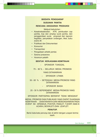 Seni Budaya 405 
BIODATA PENGGARAP 
SUSUNAN PANITIA 
RENCANA ANGGARAN PRODUKSI 
Meliputi kebutuhan : 
• Kesekreteateratan, ATK, pembuatan cap 
panitia, kop dan amplop surat panitia, dan 
penggandaan surat, proposal dan laporan 
kegiatan, penyetakan undangan, tiket, buku 
acara dll. 
• Publikasi dan Dokumentasi 
• Konsumsi 
• Transportasi 
• Pengadaan artistik pentas 
• Sarana prasarana 
• Horarium pelatih 
BENTUK KERJASAMA KEMITRAAN 
- SPONSOR TUNGGAL 
75 - 80 % - SELURUH MEDIA PROMOSI 
YANG DITAWARKAN 
- SPONSOR UTAMA 
50 - 60 % - SETENGAH MEDIA PROMOSI YANG 
DITAWARKAN 
- SPONSOR BIASA 
25 - 30 % SEPEREMPAT MEDIA PROMOSI YANG 
DITAWARKAN 
SPONSOR PARTISIPAN BERSIFAT TIDAK MENGIKAT 
MEDIA PROMOSI DAN PUBLIKASI YANG DAPAT DIJADIKAN 
KEMITRAAN : DIANTARANYA DAN MEMUNGKINKAN PADA 
EVENT INI : SPANDUK, POSTER, PAMLET, T-SHIRT, BAB IX 
ACARA ( BOOKLET) DAN LEAFLET. 
PENUTUP. 
Berisi kata-kata penutup dan di akhiri dengan ucapan terima 
kasih. 
 