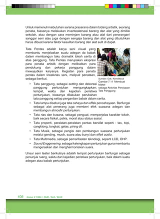 Untuk memenuhi kebutuhan sarana prasarana dalam bidang artistik, seorang 
penata, biasanya melakukan inventeatersasi barang dan alat yang dimiliki 
sekolah, atau dengan cara meminjam barang atau alat dari perorangan/ 
sanggar seni atau juga dengan sengaja barang dan alat yang dibutuhkan 
harus dibuat karena faktor kesulitan barang dan alat sulit di dapat. 
Tata Pentas adalah karya seni visual yang 
membantu menjelaskan suatu adegan da babak 
dalam membangun laku dramatik tokoh cerita di 
atas panggung. Tata Pentas merupakan ekspresi 
para penata artistik dengan melibatkan para 
pendukung dan pekerja panggung dalam 
mewujudkan karyanya. Kegiatan para penata 
pentas dalam kreativtas seni, meliputi penataan, 
sebagai berikut. 
• Tata panggung, sebagai setting dan dekorasi 
panggung pertunjukan mengungkapkan; 
tempat, waktu dan kejadian peristiwa 
pertunjukan, biasanya dilakukan perubahan 
tata panggung setiap pergantian babak dalam cerita. 
• Tata lampu disebut juga tata cahaya dan effek pencahayaan. Berfungsi 
sebagai alat penerang juga memberi efek suasana adegan dan 
membangun atmosfir pertunjukan. 
• Tata rias dan busana, sebagai penguat, memperjelas karakter tokoh, 
baik secara fisikal, psikis, moral atau status sosial. 
• Tata properti, peralatan-peralatan pentas bersifat seperti : tas, topi, 
cangklong, tongkat, gelas, piring dll. 
• Tata Musik, sebagai pengisi dan pembangun suasana pertunjukan 
melalui gending, musik, suara atau bunyi dan effek audio. 
• Tata Multimedia, sebagai pemanfaatan teknologi, seperti LCD, OHP. 
• Sound Enggenering, sebagai kelengkapan pertunjukan guna membantu 
mengeraskan dan mengharmoniskan suara. 
Unsur seni teater berikutnya adalah tempat pertunjukan berfungsi sebagai 
penunjuk ruang, waktu dan kejadian peristiwa pertunjukan, baik dalam suatu 
adegan atau babak pertunjukan. 
408 Kelas X SMA / SMK / MA / MAK 
Sumber: Dok. Kemdikbud 
Gambar 7.11 Membuat 
Maket 
sebagai Aktivitas Penyiapan 
Tata Panggung 
 