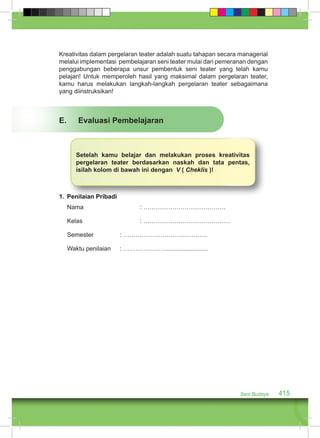 Kreativitas dalam pergelaran teater adalah suatu tahapan secara managerial 
melalui implementasi pembelajaran seni teater mulai dari pemeranan dengan 
penggabungan beberapa unsur pembentuk seni teater yang telah kamu 
pelajari! Untuk memperoleh hasil yang maksimal dalam pergelaran teater, 
kamu harus melakukan langkah-langkah pergelaran teater sebagaimana 
yang diinstruksikan! 
Setelah kamu belajar dan melakukan proses kreativitas 
pergelaran teater berdasarkan naskah dan tata pentas, 
isilah kolom di bawah ini dengan V ( Cheklis )! 
Seni Budaya 415 
E. Evaluasi Pembelajaran 
1. Penilaian Pribadi 
Nama : …………………………………. 
Kelas : …………………………………… 
Semester : ………………………………….. 
Waktu penilaian : …………………........................ 
 