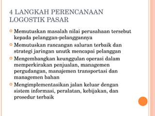 4 LANGKAH PERENCANAAN LOGOSTIK PASAR Memutuskan masalah nilai perusahaan tersebut kepada pelanggan-pelanggannya Memutuskan rancangan saluran terbaik dan strategi jaringan unutk mencapai pelanggan Mengembangkan keunggulan operasi dalam memperkirakan penjualan, managemen pergudangan, manajemen transportasi dan managemen bahan Mengimplementasikan jalan keluar dengan sistem informasi, peralatan, kebijakan, dan prosedur terbaik 