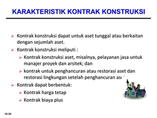18-30
KARAKTERISTIK KONTRAK KONSTRUKSI
 Kontrak konstruksi dapat untuk aset tunggal atau berkaitan
dengan sejumlah aset.
 Kontrak konstruksi meliputi :
 Kontrak konstruksi aset, misalnya, pelayanan jasa untuk
manajer proyek dan arsitek; dan
 kontrak untuk penghancuran atau restorasi aset dan
restorasi lingkungan setelah penghancuran aset.
 Kontrak dapat berbentuk:
 Kontrak harga tetap
 Kontrak biaya plus
 