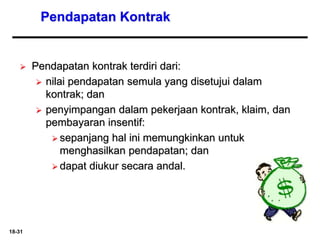18-31
Pendapatan Kontrak
 Pendapatan kontrak terdiri dari:
 nilai pendapatan semula yang disetujui dalam
kontrak; dan
 penyimpangan dalam pekerjaan kontrak, klaim, dan
pembayaran insentif:
 sepanjang hal ini memungkinkan untuk
menghasilkan pendapatan; dan
 dapat diukur secara andal.
 