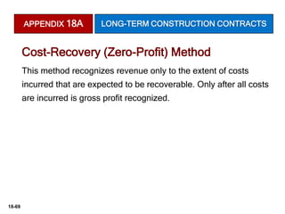 18-69
This method recognizes revenue only to the extent of costs
incurred that are expected to be recoverable. Only after all costs
are incurred is gross profit recognized.
Cost-Recovery (Zero-Profit) Method
APPENDIX 18A LONG-TERM CONSTRUCTION CONTRACTS
 