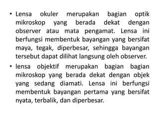 • Lensa okuler merupakan bagian optik
mikroskop yang berada dekat dengan
observer atau mata pengamat. Lensa ini
berfungsi membentuk bayangan yang bersifat
maya, tegak, diperbesar, sehingga bayangan
tersebut dapat dilihat langsung oleh observer.
• lensa objektif merupakan bagian bagian
mikroskop yang berada dekat dengan objek
yang sedang diamati. Lensa ini berfungsi
membentuk bayangan pertama yang bersifat
nyata, terbalik, dan diperbesar.
 