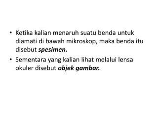 • Ketika kalian menaruh suatu benda untuk
diamati di bawah mikroskop, maka benda itu
disebut spesimen.
• Sementara yang kalian lihat melalui lensa
okuler disebut objek gambar.
 