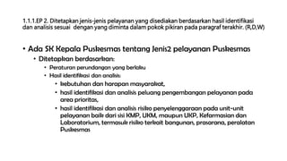 1.1.1.EP 2. Ditetapkan jenis-jenis pelayanan yang disediakan berdasarkan hasil identifikasi
dan analisis sesuai dengan yang diminta dalam pokok pikiran pada paragraf terakhir. (R,D,W)
• Ada SK Kepala Puskesmas tentang Jenis2 pelayanan Puskesmas
• Ditetapkan berdasarkan:
• Peraturan perundangan yang berlaku
• Hasil identifikasi dan analisis:
• kebutuhan dan harapan masyarakat,
• hasil identifikasi dan analisis peluang pengembangan pelayanan pada
area prioritas,
• hasil identifikasi dan analisis risiko penyelenggaraan pada unit-unit
pelayanan baik dari sisi KMP, UKM, maupun UKP, Kefarmasian dan
Laboratorium, termasuk risiko terkait bangunan, prasarana, peralatan
Puskesmas
 