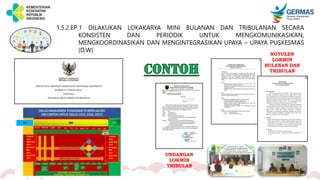 1.5.2.EP 1 DILAKUKAN LOKAKARYA MINI BULANAN DAN TRIBULANAN SECARA
KONSISTEN DAN PERIODIK UNTUK MENGKOMUNIKASIKAN,
MENGKOORDINASIKAN DAN MENGINTEGRASIKAN UPAYA – UPAYA PUSKESMAS
(D,W)
UNDANGAN
LOKMIN
TRIBULAN
NOTULEN
LOKMIN
BULANAN DAN
TRIBULAN
 