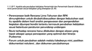 1.1.1.EP 7. Apabila ada perubahan kebijakan Pemerintah dan Pemerintah Daerah dilakukan
revisi perencanaan sesuai kebijakan yang ditetapkan (D, W)
• Perencanaan baik Rencana Lima Tahunan dan RPK
dimungkinkan untuk dirubah/disesuaikan dengan kebutuhan saat
itu apabila dalam hasil analisis pengawasan dan pengendalian
kegiatan dijumpai kondisi tertentu termasuk perubahan kebijakan
sesuai ketentuan peraturan perundang-undangan
• Revisi terhadap rencana harus dilakukan dengan alasan yang
tepat sebagai upaya pencapaian yang optimal dari kinerja
Puskesmas
• Forum untuk perubahan adalah melalui lokakarya mini, pastikan
dokumentasi notulensi , dan dokumen perubahannya
 