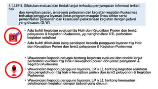 1.1.2.EP 3. Dilakukan evaluasi dan tindak lanjut terhadap penyampaian informasi terkait
hak
dan kewajiban pasien, jenis-jenis pelayanan dan kegiatan-kegiatan Puskesmas
terhadap pengguna layanan, lintas program maupun lintas sektor serta
pemanfaatan pelayanan dan kesesuaian pelaksanaan kegiatan dengan jadwal
yang disusun. (D, W)
• Wawancara kepada petugas tentang kegiatan evaluasi dan tindak lanjut
perbaikan sosialisasi ttg Hak n kewajiban pasien dan jenis2 pelayanan &
kegatan Puskesmas
• Wawancara kepada pengguna layanan, LP n LS, tentang kegiatan sosialisasi
dan pengetahuan ttg hak n kewajiban pasien dan jenis2 pelayanan & kegiatan
Puskesmas
• Wawancara kepada pengguna layanan, LP n LS, tentang kesesuaian
pelaksanaan kegiatan dengan jadwal yang disusun
D
W
• Ada bukti kegiatan evaluasi ttg Hak dan Kewajiban Pasien dan Jenis2
pelayanan & Kegiatan Puskesmas, yg menghasilkan RTL perbaikan
kegiatan sosialisasi
• Ada bukti dilakukan jajag pendapat kepada pengguna layanan ttg Hak
dan Kewajiban Pasien dan Jenis2 pelayanan & Kegiatan Puskesmas
 