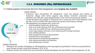 1.3.3 Setiap pegawai mempunyai dokumen (file) kepegawaian yang lengkap dan mutakhir
POKOK PIKIRAN
• Puskesmas wajib menyediakan file kepegawaian untuk tiap pegawai yang bekerja di
Puskesmas sebagai bukti bahwa pegawai yang bekerja memenuhi persyaratan yang
ditetapkan dan dilakukan upaya pengembangan untuk memenuhi persyaratan tersebut.
• Tenaga Kesehatan yang bekerja di Puskesmas harus mempunyai Surat Tanda Registrasi (STR),
dan atau Surat Izin Praktik (SIP) sesuai ketentuan peraturan perundang-undangan
• File kepegawaian tiap pegawai berisi antara lain:
• bukti pendidikan (ijazah) dan verifikasinya
• bukti surat tanda registrasi (STR) dan verifikasinya secara periodik
• bukti surat izin praktik (SIP) dan verifikasinya secara periodik
• uraian tugas pegawai dan/atau rincian wewenang klinis tenaga kesehatan
• bukti sertifikat pelatihan
• bukti pengalaman kerja jika dipersyaratkan
• hasil penilaian kinerja pegawai
• bukti kebutuhan pengembangan/pelatihan
• bukti evaluasi penerapan hasil pelatihan
• bukti pelaksaanaan orientasi.
ELEMEN PENILAIAN
1. Ditetapkan dan tersedia kelengkapan isi file kepegawaian untuk tiap pegawai yang bekerja di Pukesmas yang terpelihara
sesuai dengan prosedur yang telah ditetapkan. (R, D, O, W)
2. Dilakukan evaluasi dan tindak lanjut secara periodik terhadap kelengkapan dan pemutakhiran data kepegawaian. (D, W)
URAIAN TUGAS
1.3.3
1.3.3. DOKUMEN (file) KEPEGAWAIAN
 