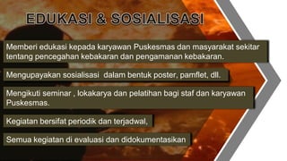Memberi edukasi kepada karyawan Puskesmas dan masyarakat sekitar
tentang pencegahan kebakaran dan pengamanan kebakaran.
Mengupayakan sosialisasi dalam bentuk poster, pamflet, dll.
Mengikuti seminar , lokakarya dan pelatihan bagi staf dan karyawan
Puskesmas.
Kegiatan bersifat periodik dan terjadwal,
Semua kegiatan di evaluasi dan didokumentasikan
 