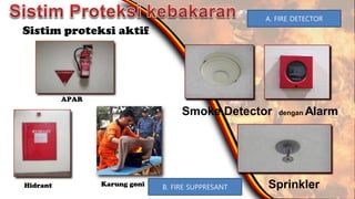 Sistim proteksi aktif
Karung goni
Hidrant
APAR
Sprinkler
Smoke Detector dengan Alarm
A. FIRE DETECTOR
B. FIRE SUPPRESANT
 