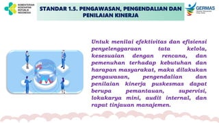 Untuk menilai efektivitas dan efisiensi
penyelenggaraan tata kelola,
kesesuaian dengan rencana, dan
pemenuhan terhadap kebutuhan dan
harapan masyarakat, maka dilakukan
pengawasan, pengendalian dan
penilaian kinerja puskesmas dapat
berupa pemantauan, supervisi,
lokakarya mini, audit internal, dan
rapat tinjauan manajemen.
STANDAR 1.5. PENGAWASAN, PENGENDALIAN DAN
PENILAIAN KINERJA
 