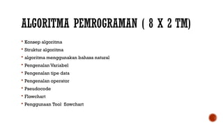 ALGORITMA PEMROGRAMAN ( 8 X 2 TM)
 Konsep algoritma
 Struktur algoritma
 algoritma menggunakan bahasa natural
 Pengenalan Variabel
 Pengenalan tipe data
 Pengenalan operator
 Pseudocode
 Flowchart
 Penggunaan Tool flowchart
 
