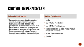 CONTOH IMPLEMENTASI
Dalam bentuk narasi
 Untuk menghitung sisa kembalian
dari sebuah pembayaran, maka
masukkan terlebih dahulu total
pembelian, kemudian masukkan nilai
pembayaran.Terakhir kurangi nilai
pembayaran dengan total pembelian
untuk menentukan sisa kembalian.
Setelah itu tampilkan sisa kembalian
Dalam Pseudocode
 Mulai
 Input Total Pembelian
 Input Nilai Pembayaran
 Sisa Kembalian  Nilai Pembayaran-
Total Pembayaran
 Write Sisa Kembalian
 Selesai
 