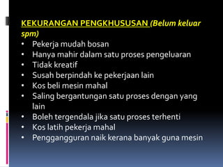 KEKURANGAN PENGKHUSUSAN (Belum keluar
spm)
• Pekerja mudah bosan
• Hanya mahir dalam satu proses pengeluaran
• Tidak kreatif
• Susah berpindah ke pekerjaan lain
• Kos beli mesin mahal
• Saling bergantungan satu proses dengan yang
  lain
• Boleh tergendala jika satu proses terhenti
• Kos latih pekerja mahal
• Penggangguran naik kerana banyak guna mesin
 