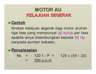 MOTOR AU
MOTOR AU
KELAJUAN SEGERAK
KELAJUAN SEGERAK
►
►Contoh
Contoh
Kirakan kelajuan segerak bagi motor aruhan
Kirakan kelajuan segerak bagi motor aruhan
tiga fasa yang mempunyai
tiga fasa yang mempunyai 20 kutub
20 kutub per fasa
per fasa
apabila ianya disambungkan kepada
apabila ianya disambungkan kepada 50 Hz
50 Hz
daripada sumber bekalan.
daripada sumber bekalan.
►
►Penyelesaian
Penyelesaian
Ns
Ns =
= 120 f / P
120 f / P =
= 120 x (50 / 20)
120 x (50 / 20)
=
= 300 p.p.m
300 p.p.m
 