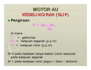 MOTOR AU
MOTOR AU
KEGELI NCI RAN (SLI P
KEGELI NCI RAN (SLI P)
)
►Pengiraan
S = Ns - Nr
Ns
di mana
S = gelinciran
Ns = kelajuan segerak (p.p.m)
Nr = kelajuan rotor (p.p.m)
S= 0 pada keadaan tanpa beban (rotor berputar
pada kelajuan segerak
S= 1 pada keadaan rotor pegun / diam / terkunci
 