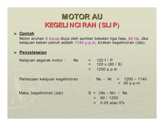MOTOR AU
MOTOR AU
KEGELI NCI RAN (SLI P
KEGELI NCI RAN (SLI P)
)
►
► Contoh
Contoh
Motor aruhan
Motor aruhan 6 kutub
6 kutub diuja oleh sumber bekalan tiga fasa,
diuja oleh sumber bekalan tiga fasa, 60 Hz
60 Hz. Jika
. Jika
kelajuan beban penuh adalah
kelajuan beban penuh adalah 1140 p.p.m
1140 p.p.m, kirakan kegelinciran (
, kirakan kegelinciran (slip
slip).
).
►
► Penyelesaian
Penyelesaian
Kelajuan segerak motor :
Kelajuan segerak motor : Ns
Ns = 120 f / P
= 120 f / P
= 120 x (60 / 6)
= 120 x (60 / 6)
= 1200 p.p.m
= 1200 p.p.m
Perbezaan kelajuan kegelinciran
Perbezaan kelajuan kegelinciran : Ns
: Ns -
- Nr = 1200
Nr = 1200 –
– 1140
1140
= 60 p.p.m
= 60 p.p.m
Maka, kegelinciran (
Maka, kegelinciran (slip
slip)
) :
: S = (Ns
S = (Ns –
– Nr) / Ns
Nr) / Ns
= 60 / 1200
= 60 / 1200
= 0.05 atau 5%
= 0.05 atau 5%
 
